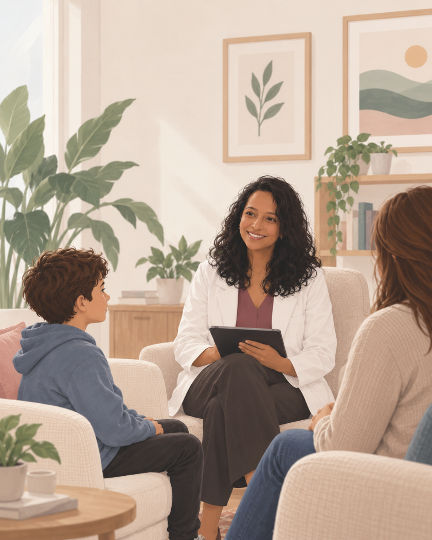Illustration: a psychiatrist in conversation with a boy and a parent in a bright, plant-filled room